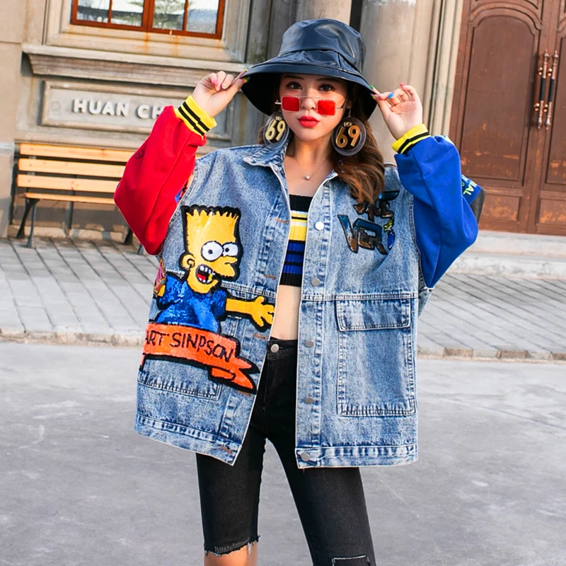 Женская джинсовая куртка с блестками Свободный комбинезон мультяшным принтом в