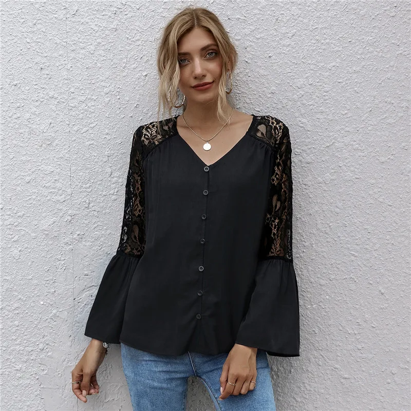 

Women Black Blouse Fall Deep V-neck Long Sleeve Shirt Ladies Casual Office Shirt Women Blusas 2021 Lace Flare Sleeve Top Blouse