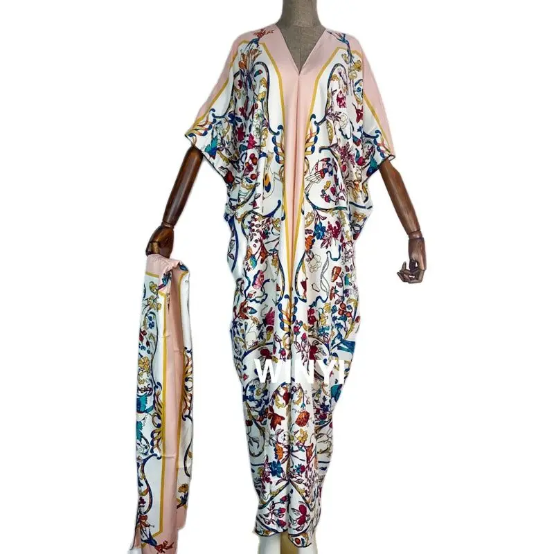 

WINYI 2021 Dresses For Women Fashion Design twill v-neck with scarf Maxi Long Femme Vestidos Summer abayas Party Elegant Dress