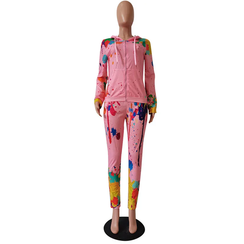 

ANJAMANOR Splash Ink Printed Fashion Zip Up Hoodies Sweatsuits Two Piece Set Top and Pants Fall 2020 Women Clothing D29-DI56
