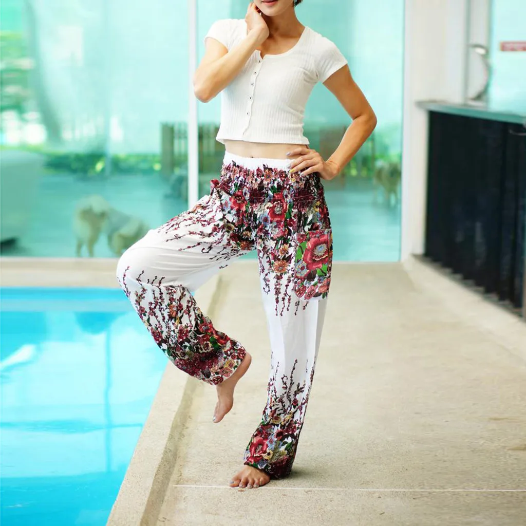 Шаровары для тренировок с цветочным принтом Пляжные штаны йоги эластичной