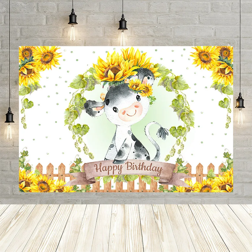 Mehofond Wild Cow Backdrop Sunflower Fence Happy Birthday Party Child Photography Background Photo Studio Photophone Decor Prop
