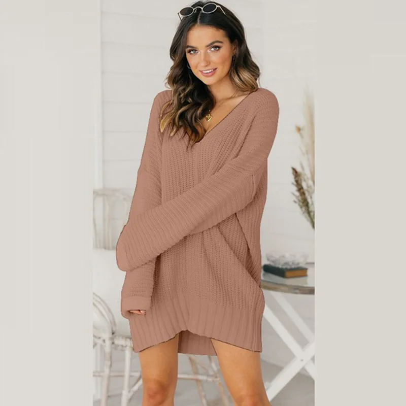 

Autumn Winter New Elegant V-Neck Knit dress women Casual loose pullovers large size knitted Mini dress Knit vestidos verano M958