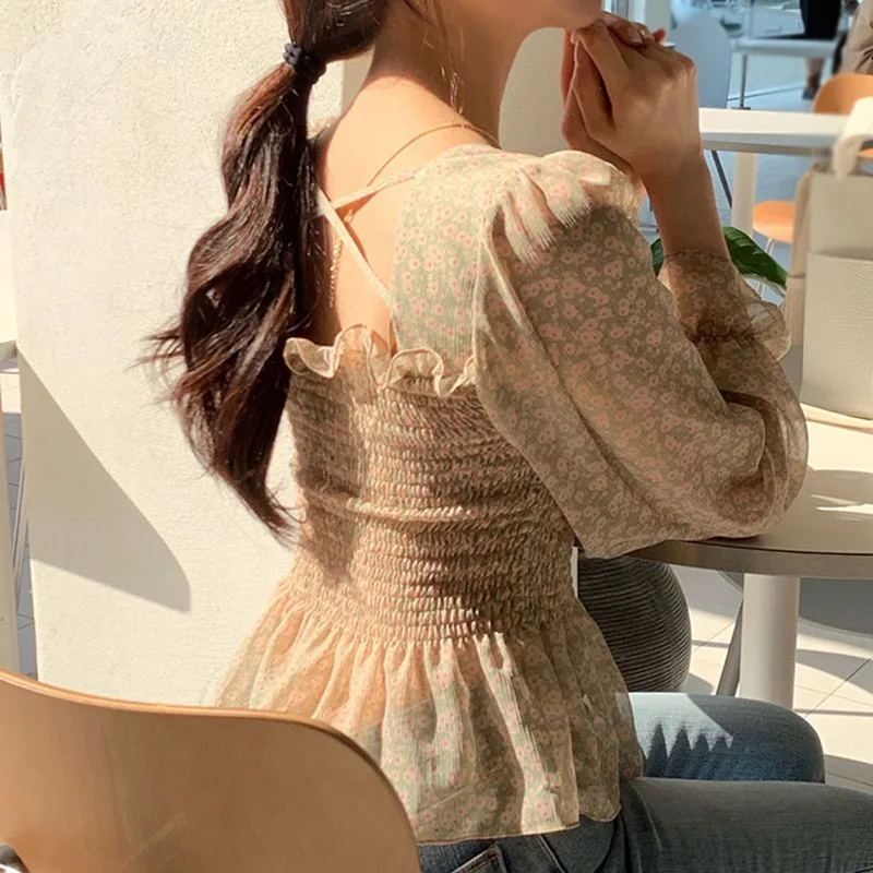 

Women's Floral Print Shirt Square Collar Sweet Long Sleeve Chiffon Blouse Ladies Clothing1