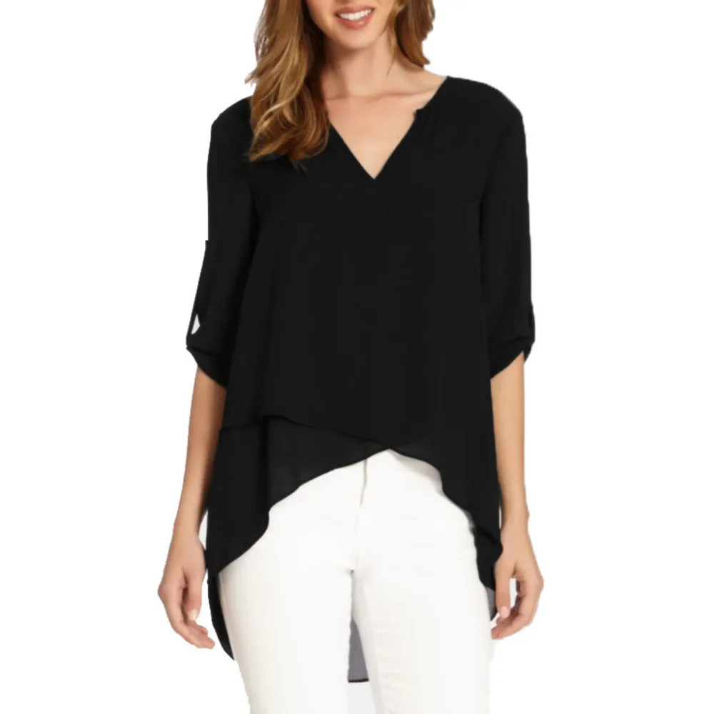 Женская шифоновая блузка с V образным вырезом и короткими рукавами|Блузки| |