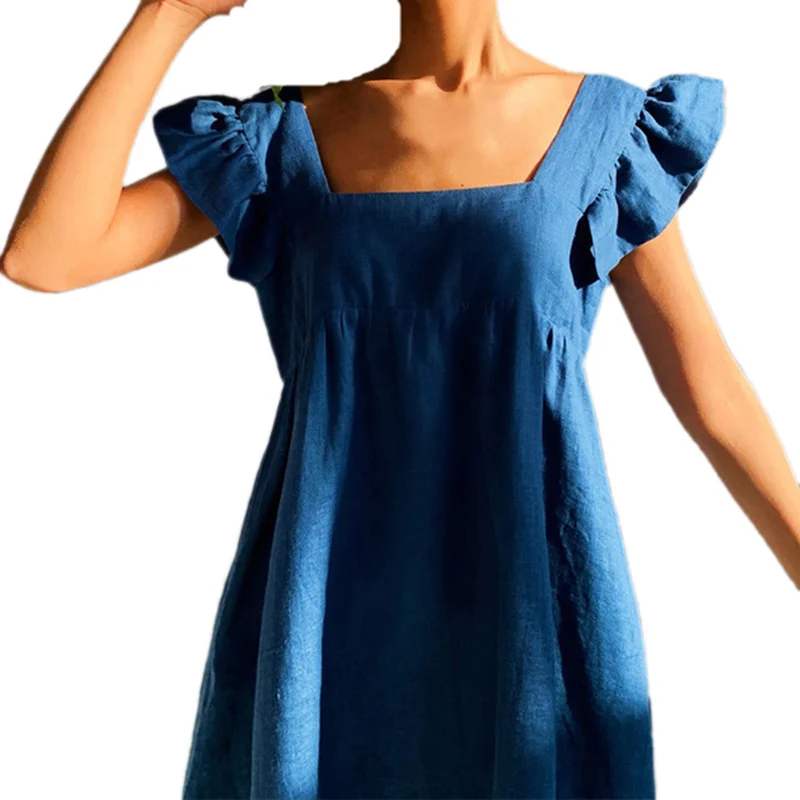 

Dresses for Women 2021 Casual Square Collar Solid Color Butterfly Sleeve Midi Sweet Dress High Waist Ruffle Loose Dresses Hot