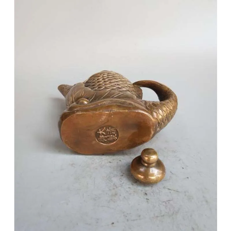 copper Chinese pure brass Carp form teapot statue Office and home decoration images - 6