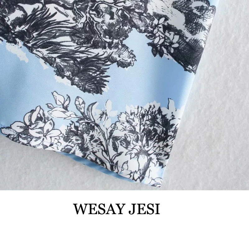 

WESAY JESI 2021 Spring Blue Print Shirt Dress Women Long Sleeve Belt Elegant Midi Dresses Female Chic Floral Pleated Vestido