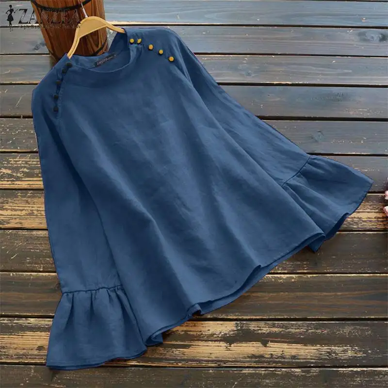 

2021 ZANZEA Autumn Women's Linen Blouse Casual Long Sleeve Blusas Kaftan Button Shirts Female Solid Tops Cotton Tunic