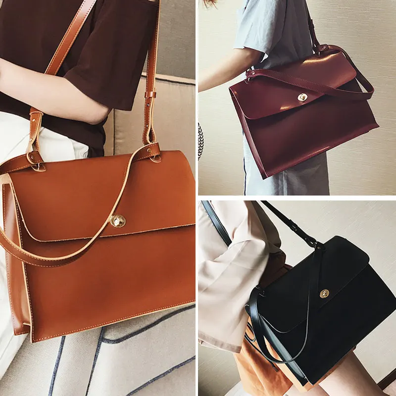 Ретро мода большая сумка для женщин Дамский портфель сплошной цвет