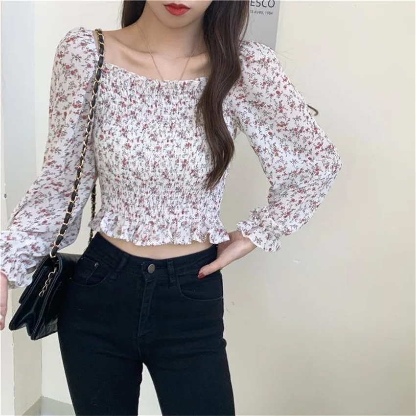 

2021 Summer Women Floral Print Crop Top Harajuku Off Shoulder Shirt Femme