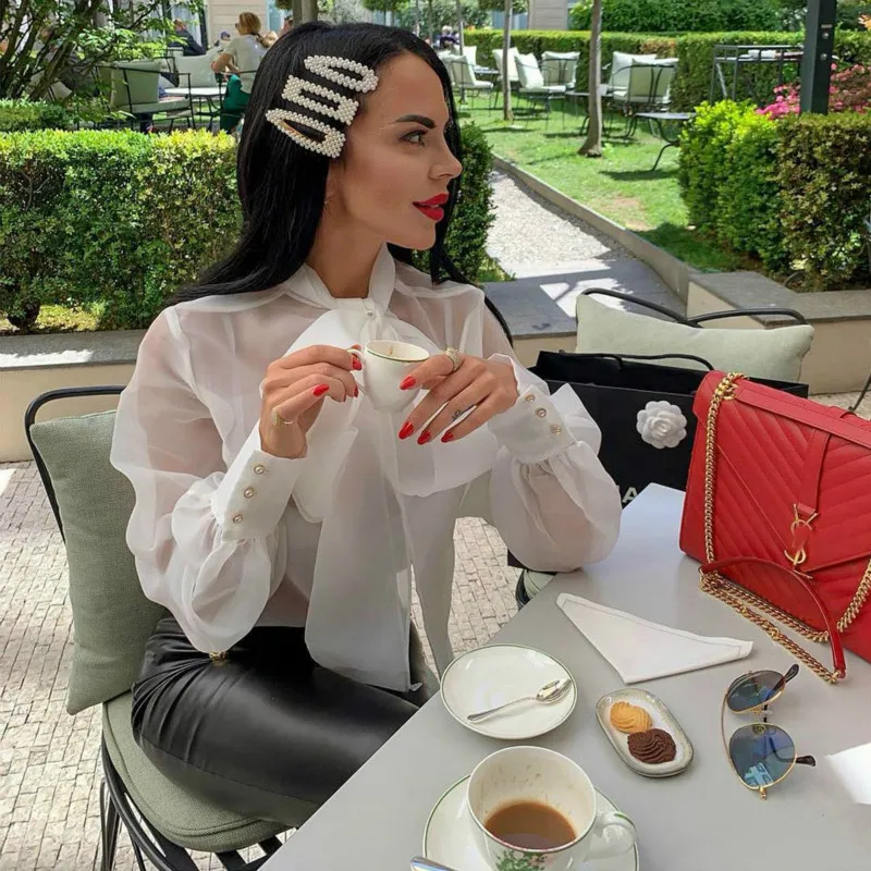 Женские Модные кружевные сетчатые Прозрачные топы с длинным рукавом рубашки со