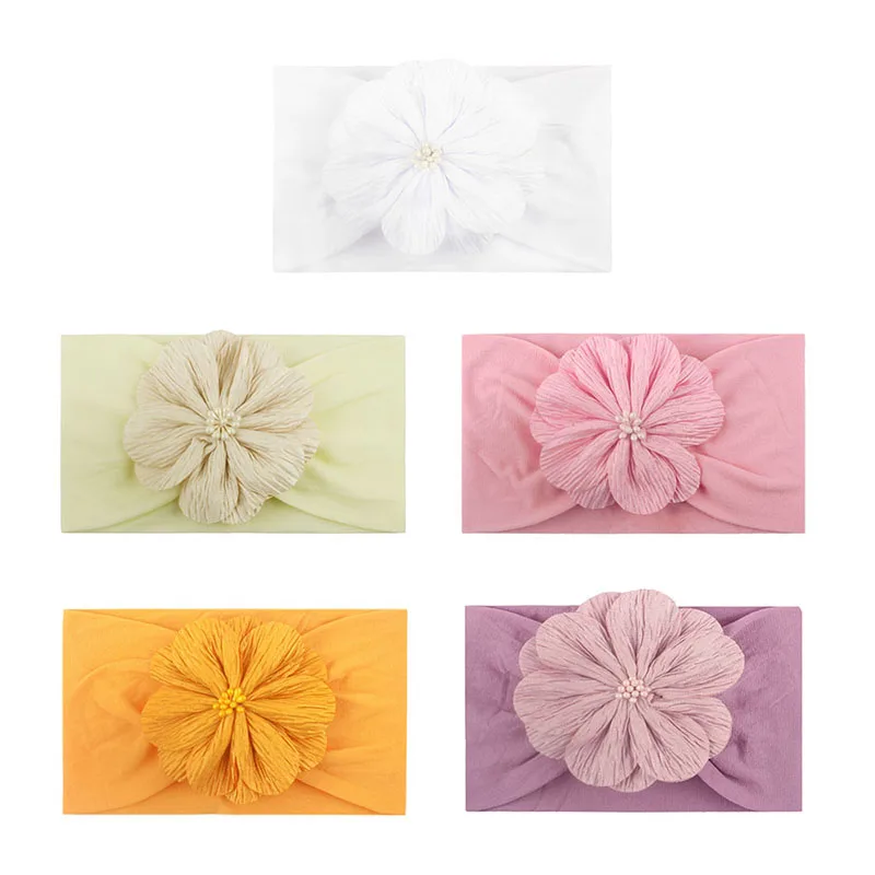 Детский Эластичный ободок с цветами 33 цвета милый мягкий нейлоновый широкий для