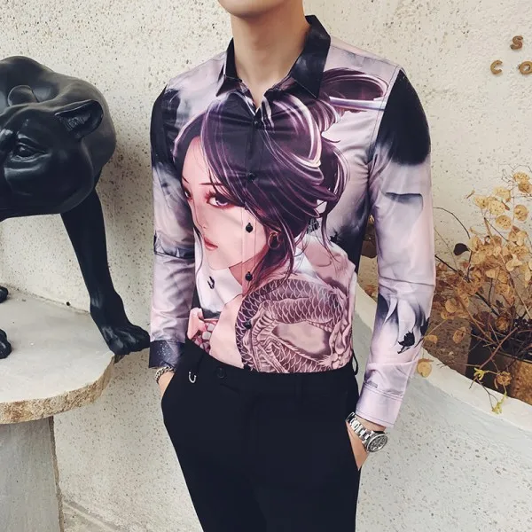 As the photo show Высокое качество, Camisa Masculina, мода, мужская рубашка с длинным рукавом, красивая девушка, с принтом, тонкая рубашка, мужская рубашка для ночного клуба, смокинг, платье - Цвет: As the photo show