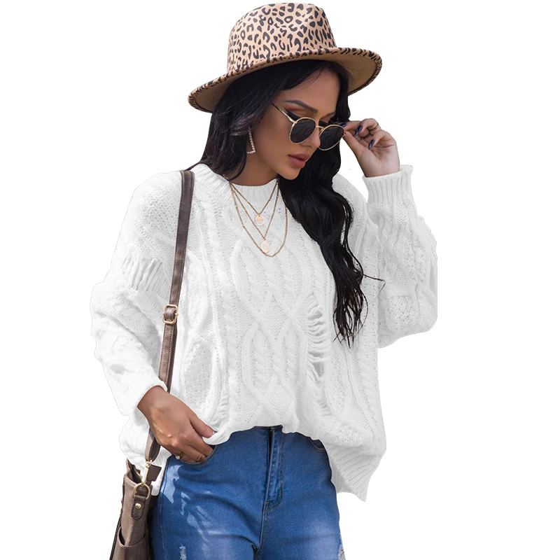 

2020 Women's Fall Knit Sweater Ripped Top Loose Elastic Party Clothes Long-sleeve Round Neck Warm Knitting Braid Pullover
