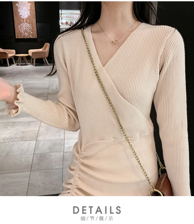 

Sexy V-Neck Knitted Dress Elegant Ruffled High Waist Long Sleeve Dress Casual Office Ladies Autumn Winter Sweater Dress