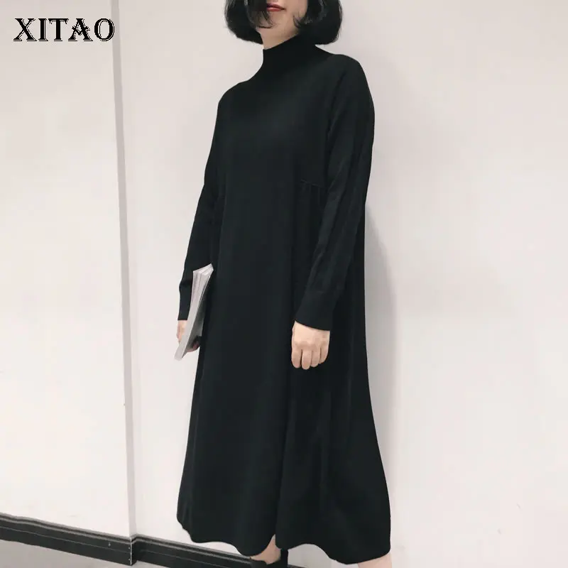 

XITAO Autumn and Winter New Knitting Dress 2021 Fashion Casual Black Turtleneck Temperament Loose Mid-length Women GWJ0801