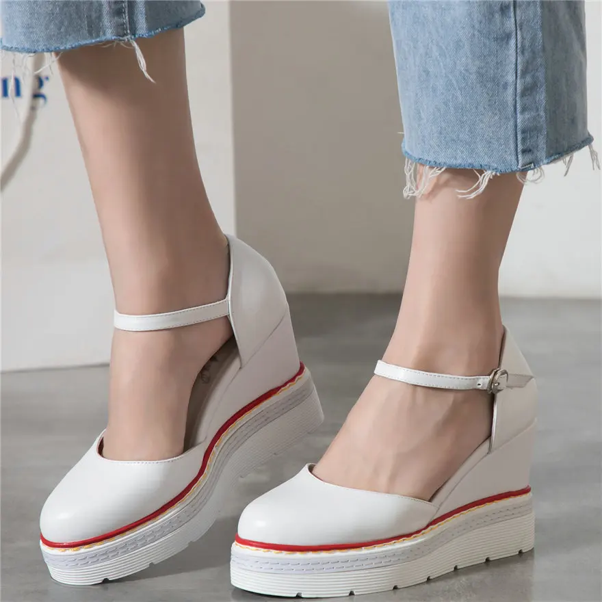 Женские туфли на танкетке летние Туфли Мэри Джейн из натуральной кожи с ремешком