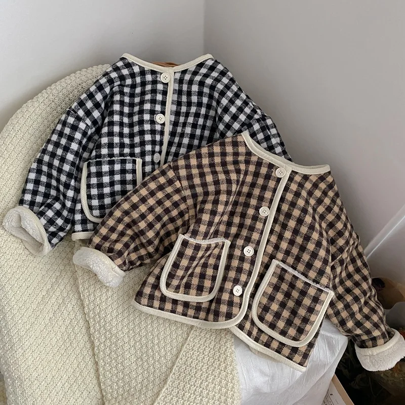 

2021 Kids Warm Cotton Jacket Children Plaid Quilting Coat Baby Girls Padded Coats Autumn Winter Korean Child Boy Jackets Outwear