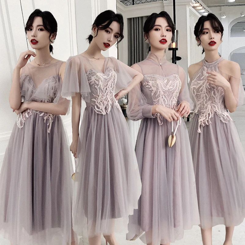 

Bridesmaids Dresses Illusion Short O-Neck Beading Embroidery Sequined Lace Tulle Off The Shoulder Women Wedding Party Gown E289