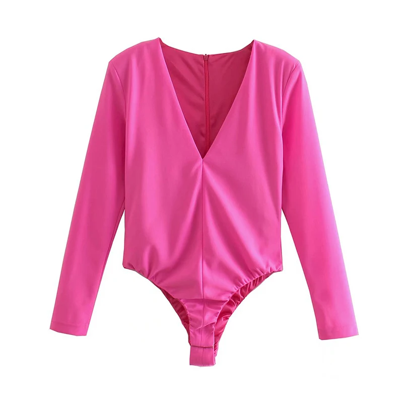 

YENKYE New Women Rose Red V Neck Sexy Bodysuit Long Sleeve bodys para mujer