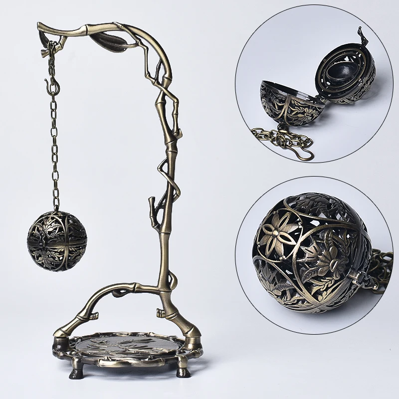 

Antique Copper Incense Burner Indoor Living Room Hanging Ball Plate Incense Backflow Zen Hollow Bruleur Encens Room Decor EB5XL
