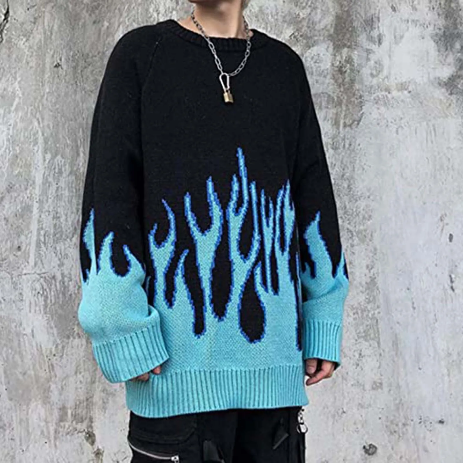 Свитер в стиле хип-хоп мужской женский синий вязаный оверсайз Harajuku уличная