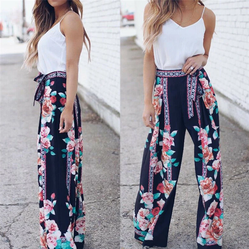 Черные широкие брюки с цветочным принтом и высокой талией для женщин сезон весна