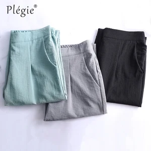 Брюки женские хлопково-льняные до щиколотки, Тонкие штаны с эластичным завышенным поясом, лето 2020