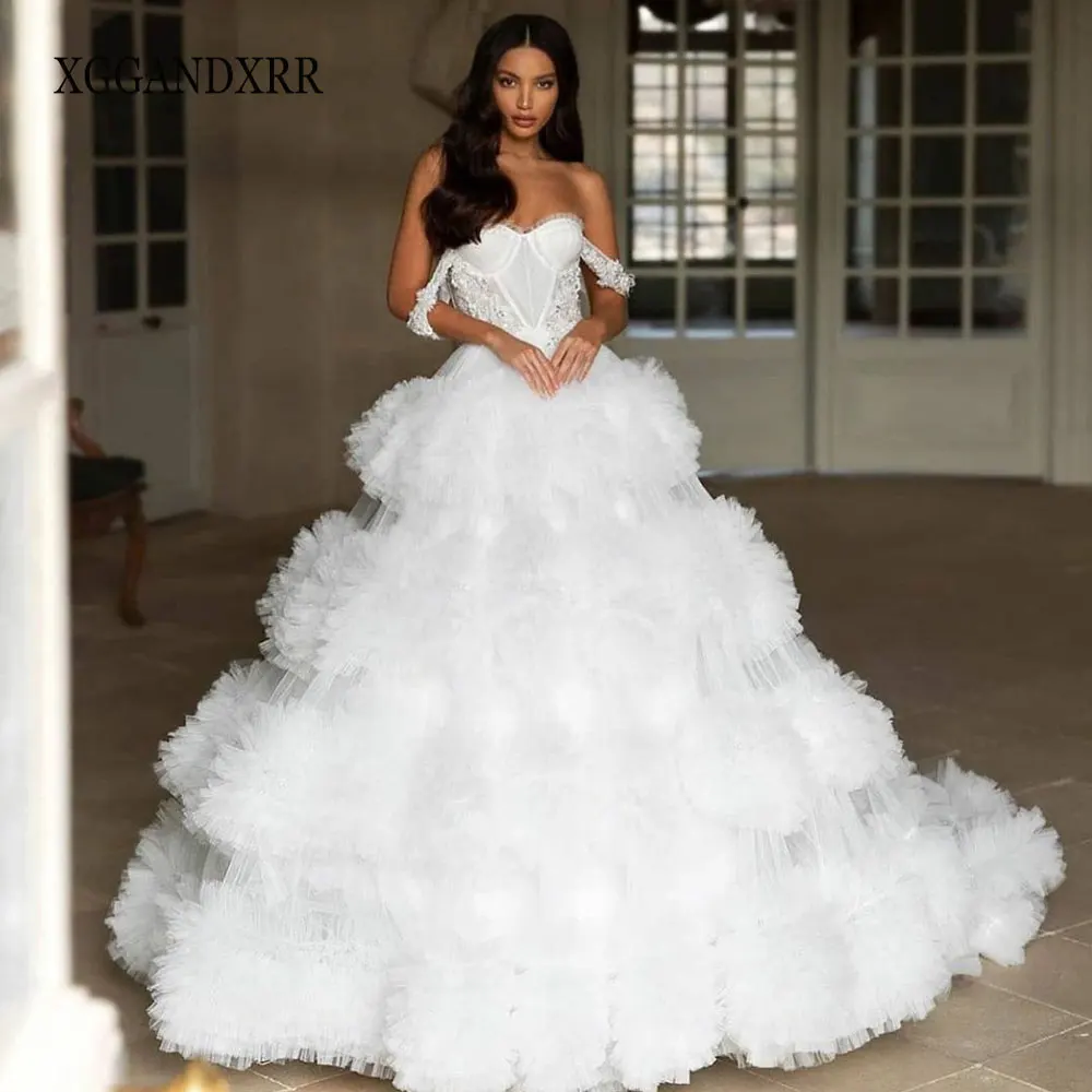

Romantic A Line Wedding Dress 2022 Sweetheart Off Shoulder Ruffle Pleats White Formal Bridal Gown Backless Bride Custom Made