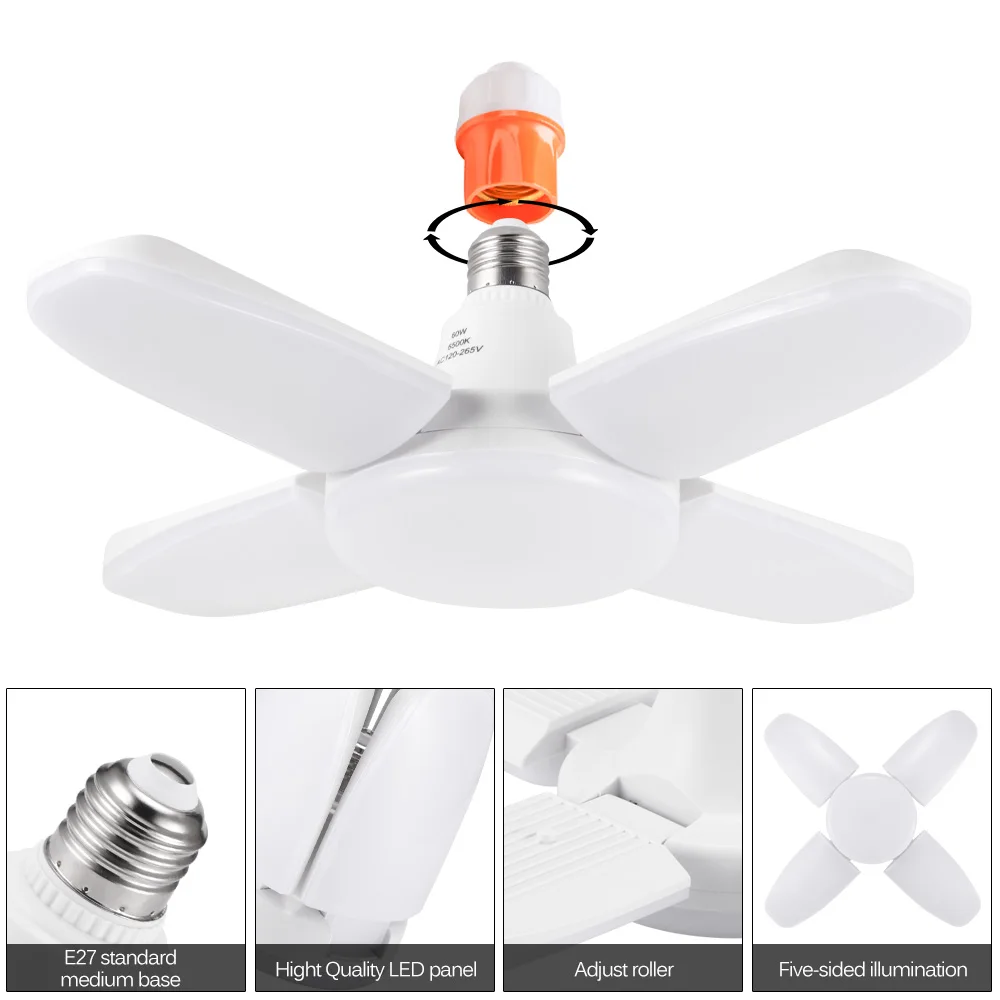 

45/60 W LED Light Bulb E27 Fan Blade LED Folding Garage Lamp Adjustable Ceiling Lighting Cool White