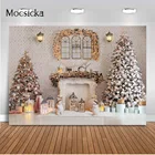 Фон для фотосъемки с изображением рождественских игрушек медведя камина и сосны, ретро светлый фон для фотосъемки, декор для кирпичной стены