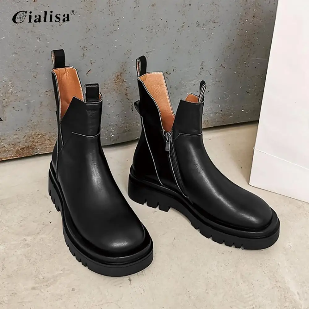 

CIALISA Women Boots Genuine Leather Elastic Round Toe Chunky Heels Shoes 2020 Fashion Autumn Winter Mid Heel Ankle Boots