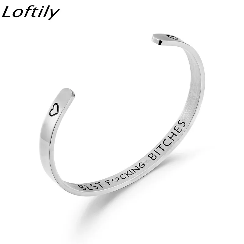 6mm Letters Engraved Best Bitches Bracelet Cuff Open Stainless Steel for Women Ladybro Friends pulseira Gift Jewelry | Украшения и