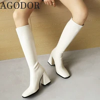 agodor square toe white gogo boots knee high block high heel boots sexy women patent leather knee length boots plush size 46