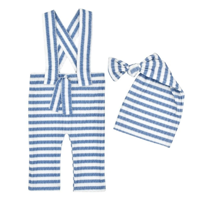 

45BF 2 Pcs Baby Stripe Romper Long Tail Knotted Hat Set Newborn Photography Props Kit