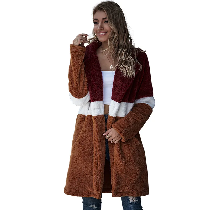 

Women's new autumn winter long color matching pocket Plush coat color contrast splicing Teddy coat