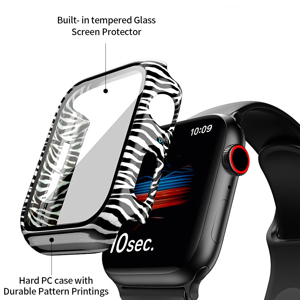 Glass+Cover for Apple Watch Case 44mm 40mm 42mm 38mm Bumper+Screen Protector iWatch Series SE 6 5 4 3 2 1 Fashion Water Pattern