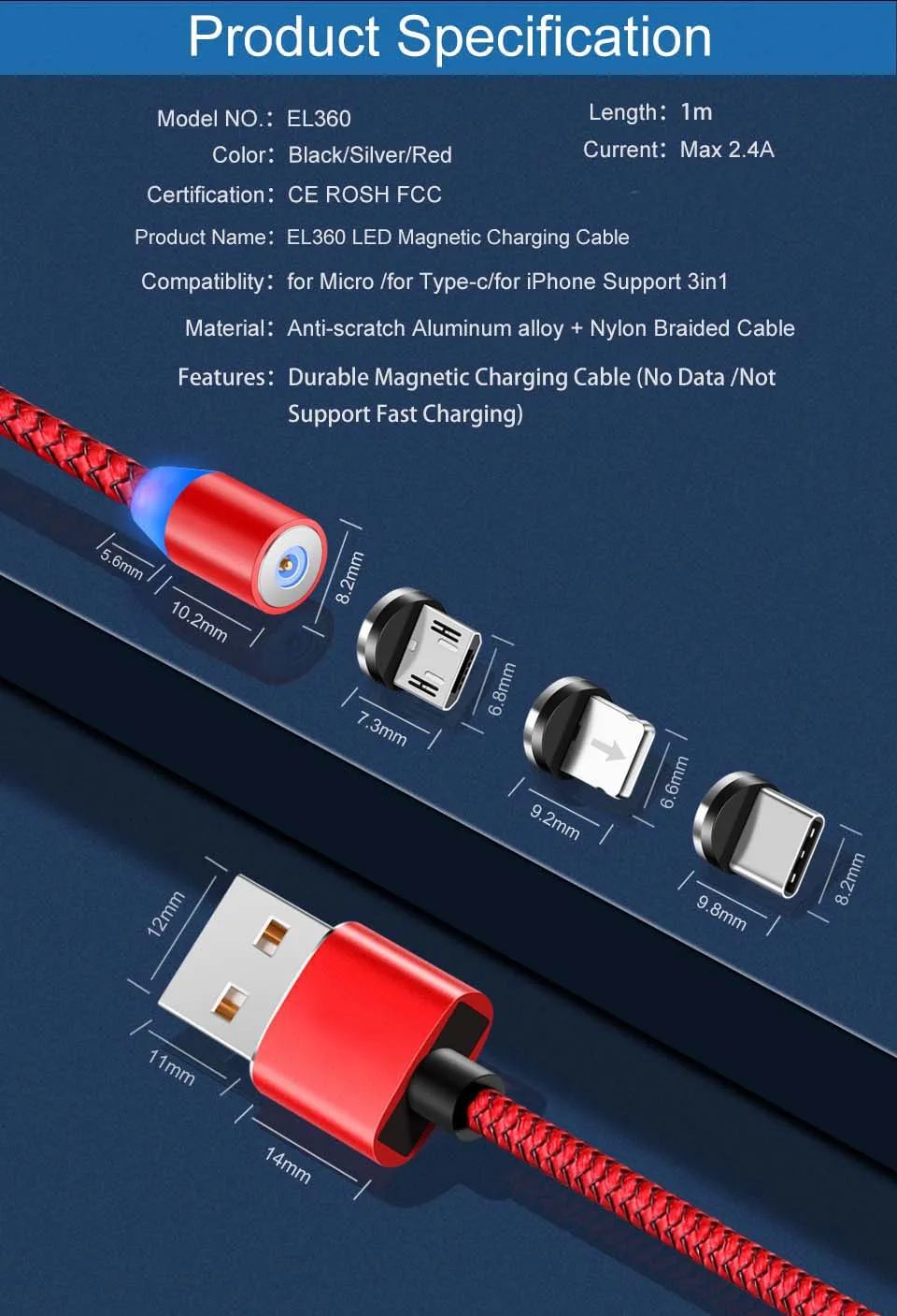 Магнитный кабель зарядный usb-кабель магнитный кабель Elough для зарядного устройства iPhone кабель Micro USB type C