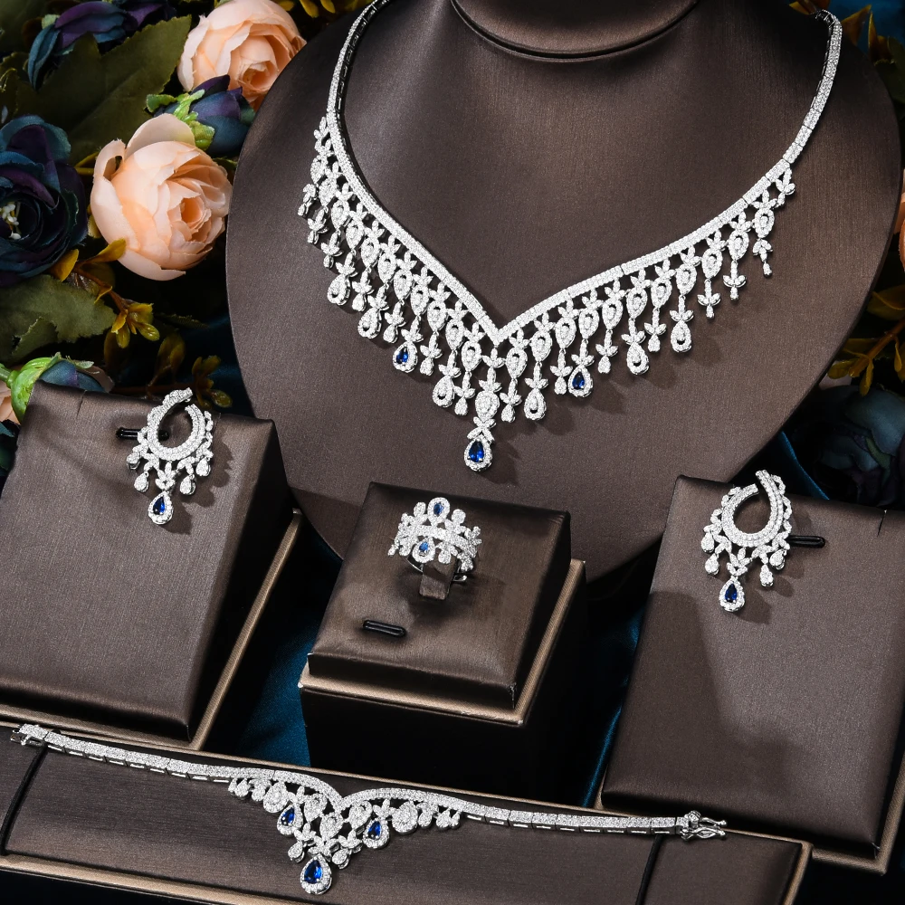 

KellyBola Gorgeous Trend High Quality Zircon Geometry Pendant Necklace Earring Set Noble Bride Wedding Top Jewelry Set 4PCS