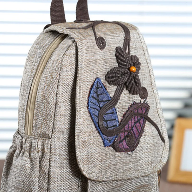 

Retro Floral Leaf Embroidery Female Lady Backpack Ethnic Style Leaf Flower Beads Rucksack Student School Bag Girl