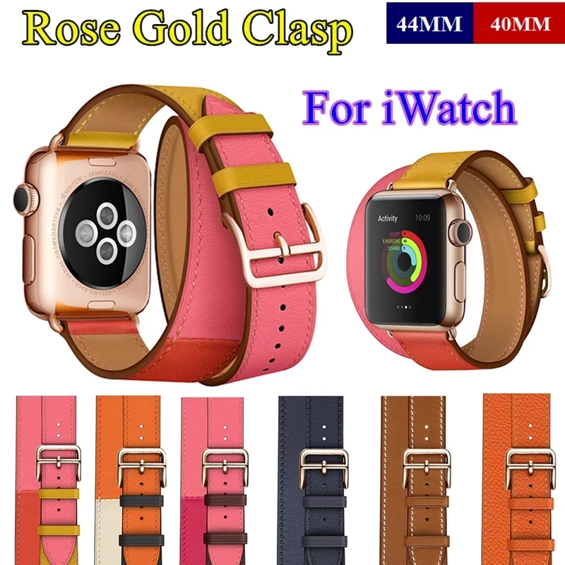 

Rose Gold Buckle for Apple Watch Band Series 6 5 4 3 2 1 SE 44/40MM 42/38MM Swift Leather Double Tour Strap Bracelet for iWatch