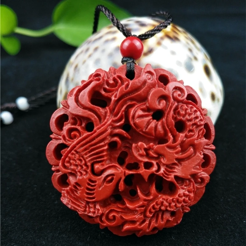 Classic Chinese Style Natural Red Organic Cinnabar Dragon Phoenix Pendant Necklace Lucky Amulet Jewelry Accessories