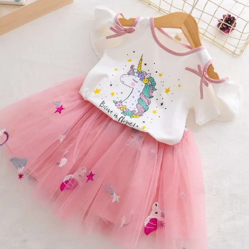 2020 летняя одежда для малышей комплект девочки Единорог хлопчатобумажные Топы