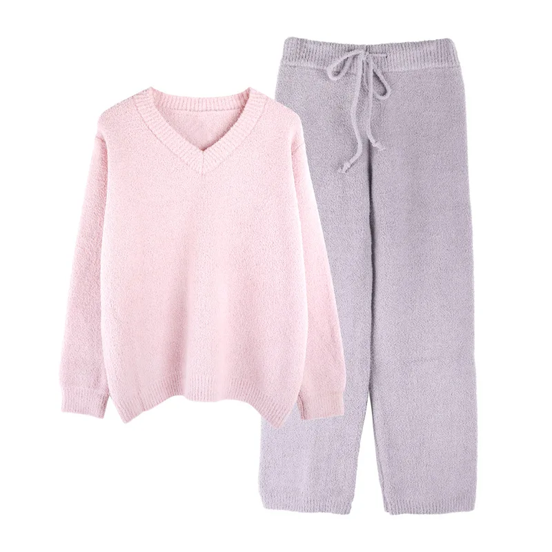 

Мягкая вязаная одежда для отдыха, Женский пижамный комплект, Повседневная рубашка из двух предметов и брюки, мягкая одежда для сна, новинка ...