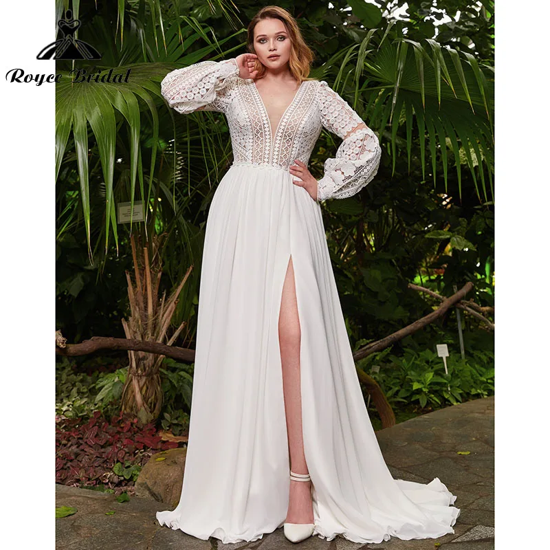 

Женское свадебное платье в богемном стиле, шифоновое платье А-силуэта с длинными рукавами-фонариками, глубоким V-образным вырезом, разрезом,...