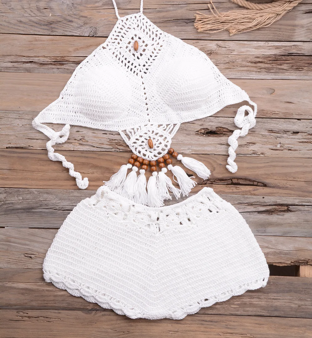 

Holiday Beach Bikini hollow bead elastic solid split swimsuit set for women