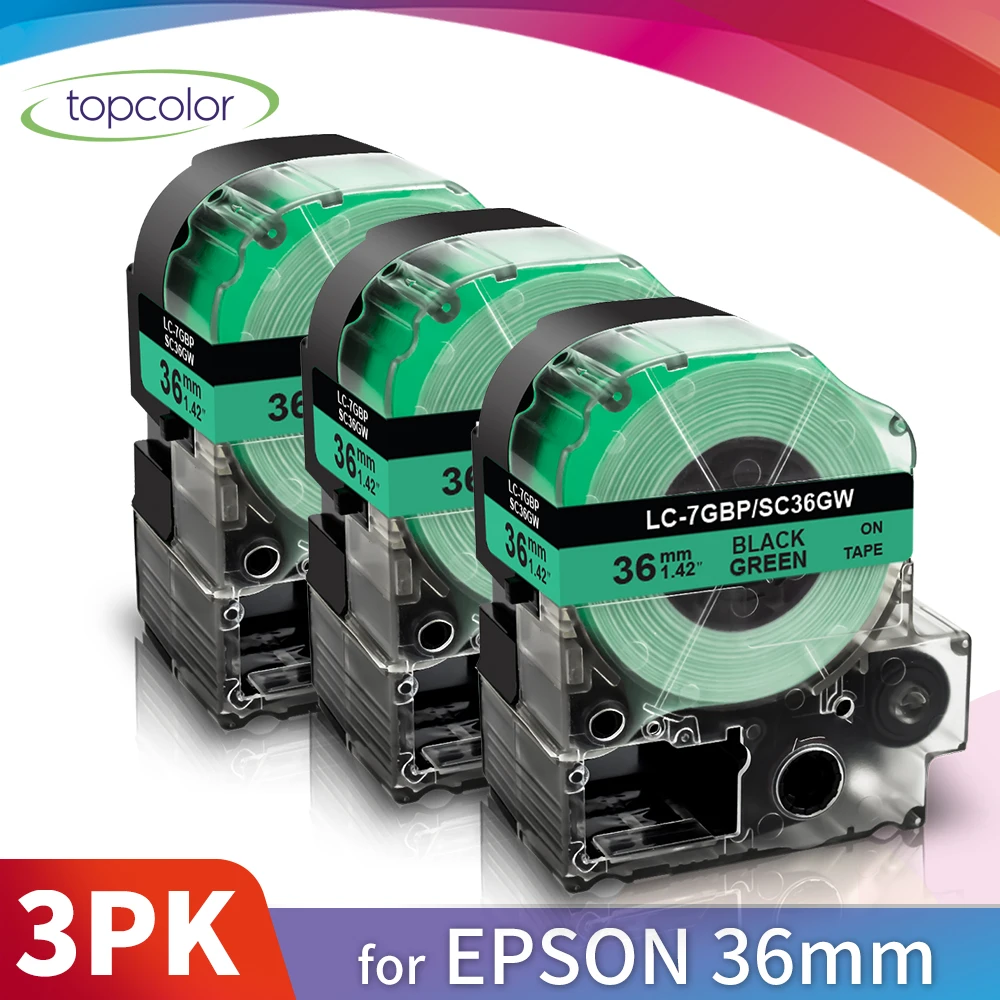 

Topcolor 3PK Compatible KingJim Epson 36mm Labeling Tape Black on Green SC36GW Printer Ribbon for Epson Label Maker LW-900P 1000