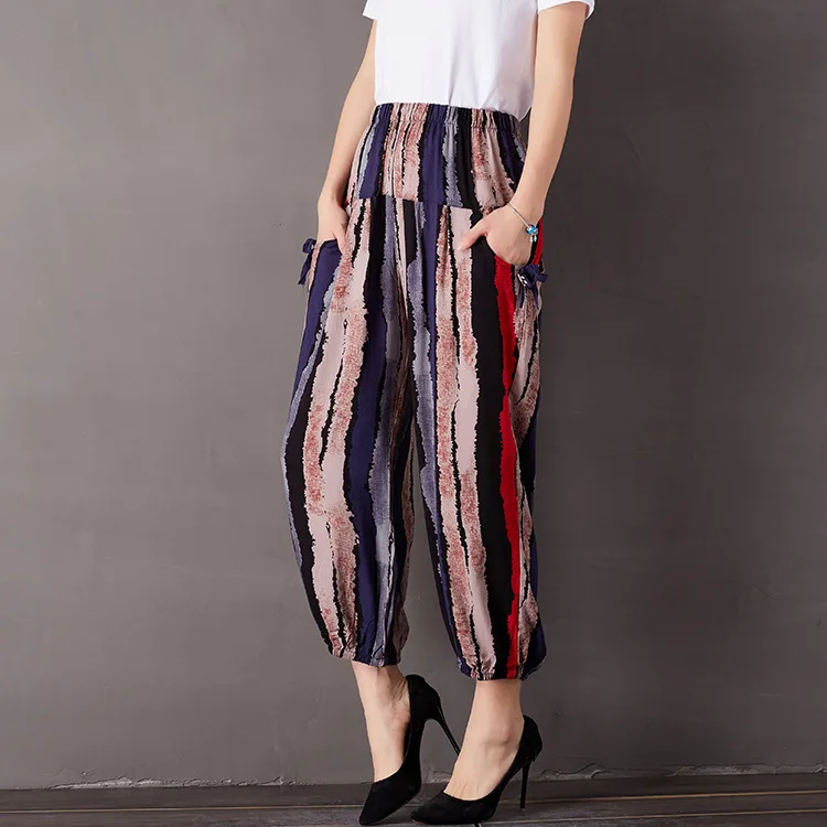 Весенние и летние хлопковые шелковые шаровары с принтом Национальный стиль