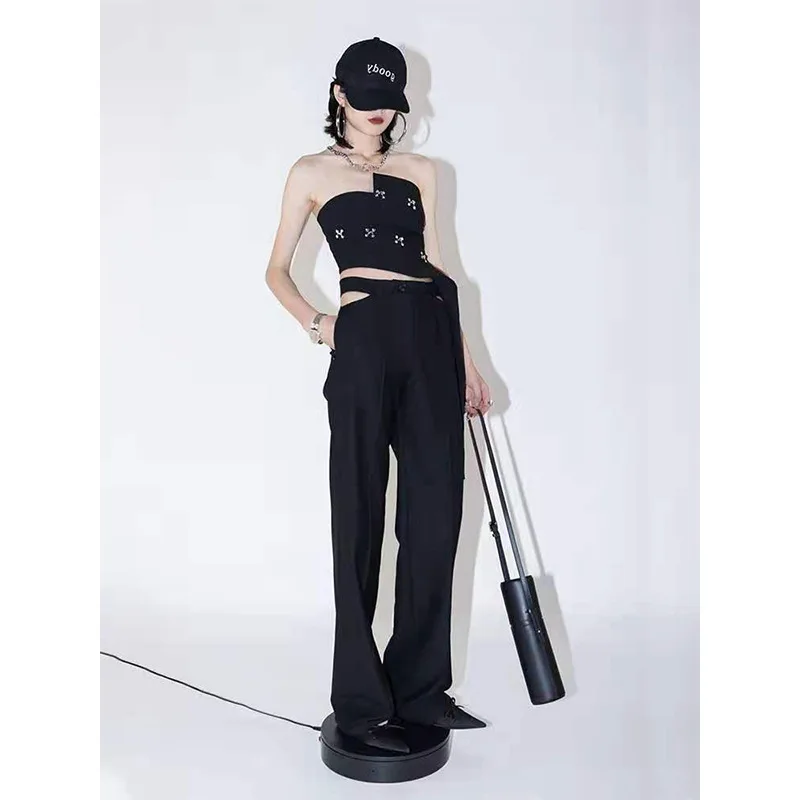 

[DEAT] new summer fashion women Korean style summer new fashion top straps spliced zippers asymmetrical short top WR72801L